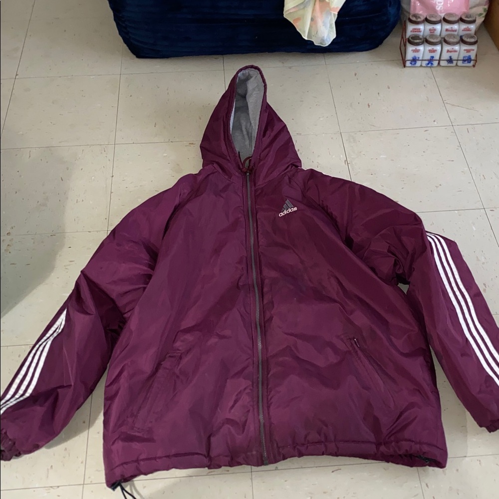 Vintage Y2K Adidas Reversible Puffer Jacket Coat Hooded burgundy Gray Mens XL